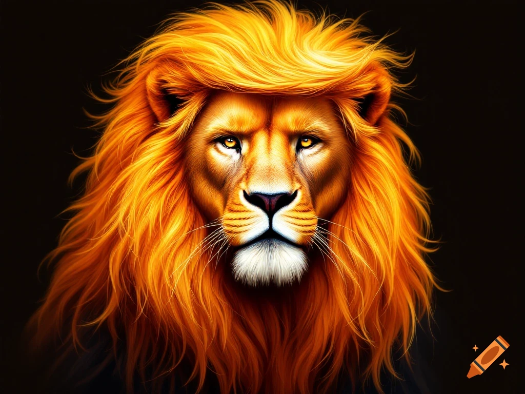 A close-up, photorealistic portrait of a lion with a vibrant orange mane.