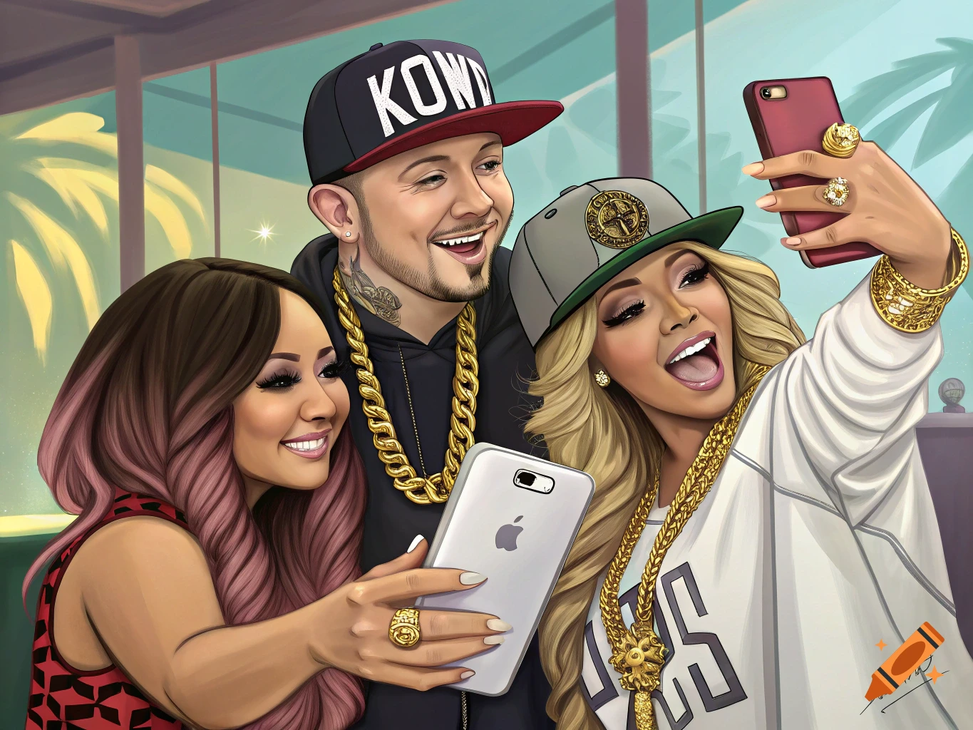 Three people take a selfie, wearing hats and gold jewelry, in a stylized art style.