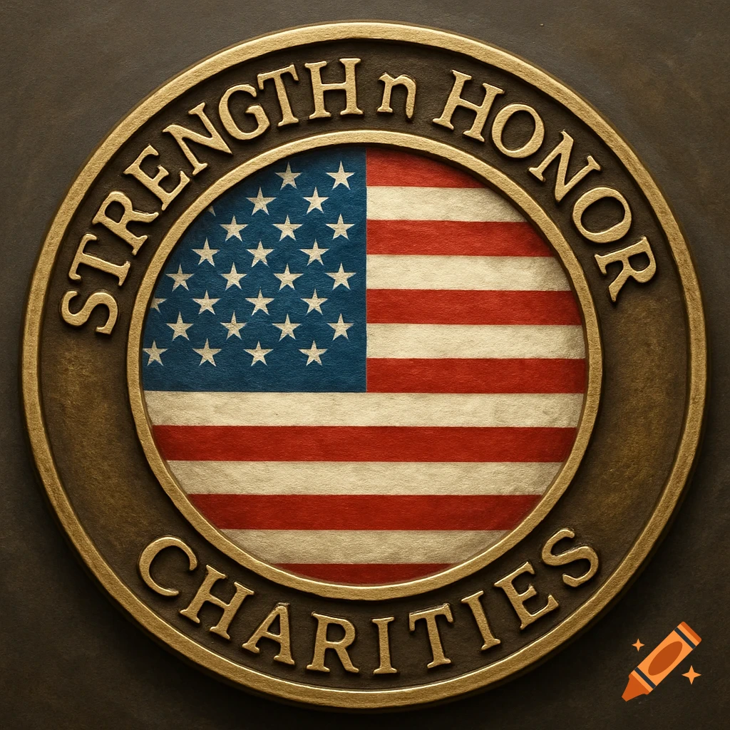 Bronze challenge coin with American flag in the center, text around the edge.