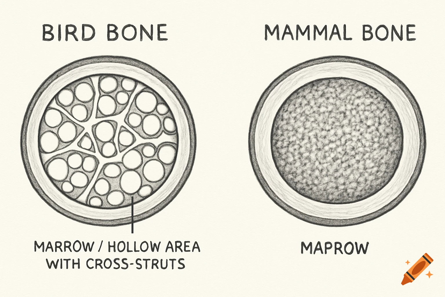 Sketch illustration comparing cross-sections of a bird bone and a mammal bone. The bird bone shows a hollow area with cross-struts, while the mammal bone shows a dense, spongy center.