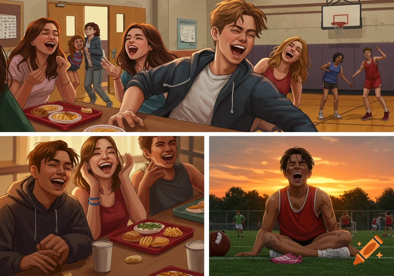 Illustration of teenagers laughing at school lunch and playing sports at sunset.