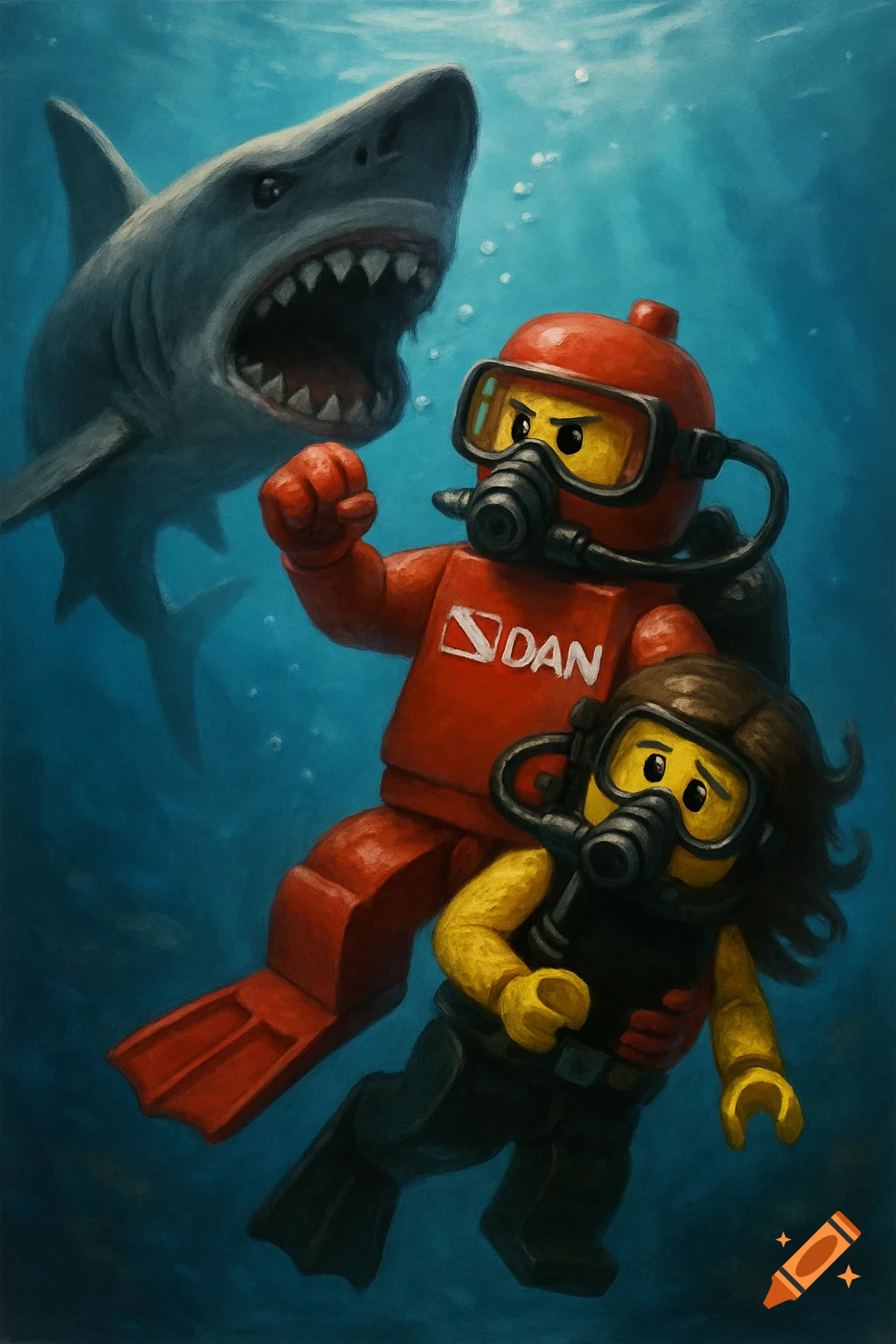 Painted image of two LEGO scuba divers threatened by a shark underwater.