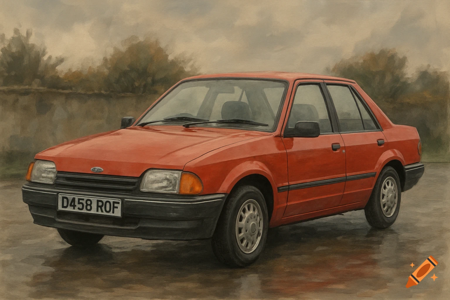 A red classic car, Ford Orion, with license plate D458 ROF, depicted in a painterly style.