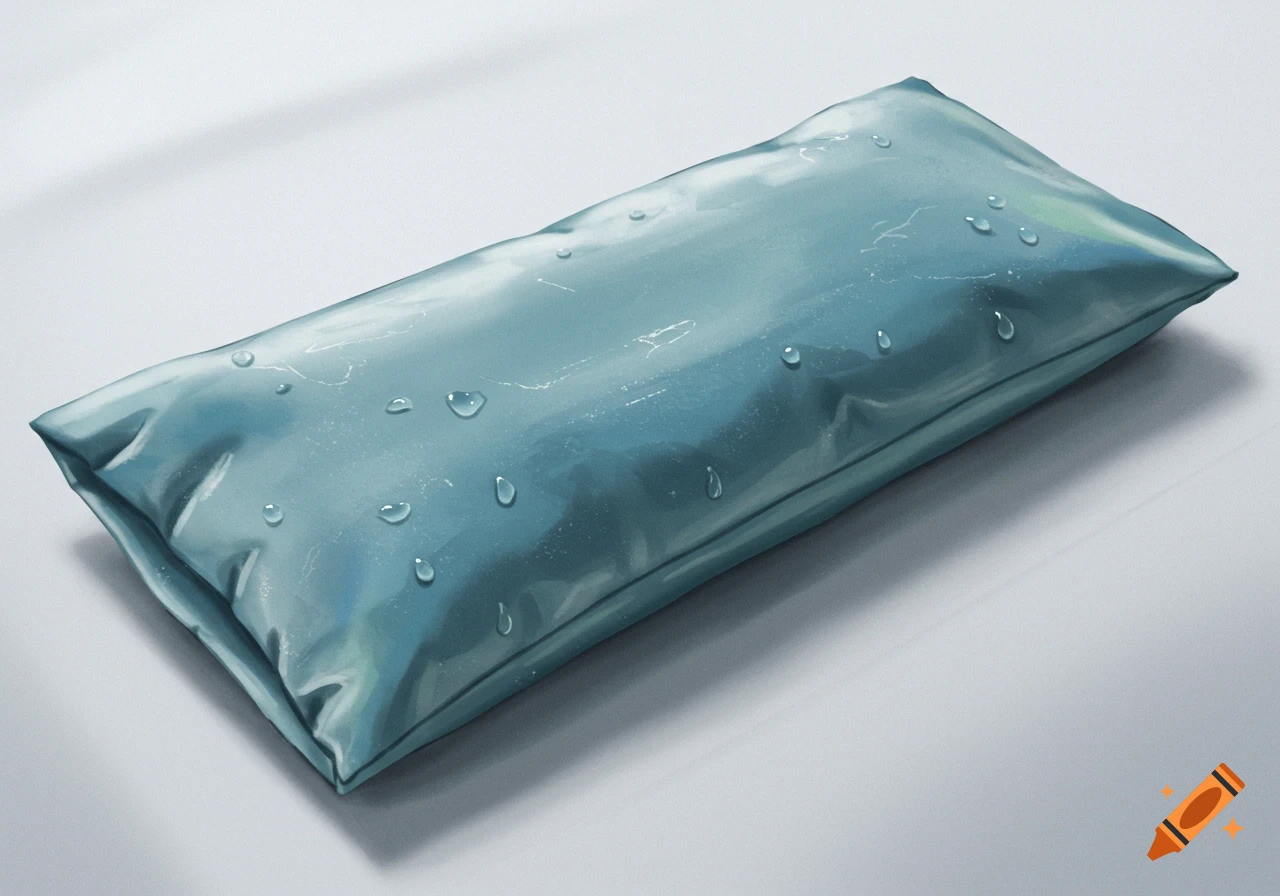 A teal rectangular object covered in water droplets on a light surface.