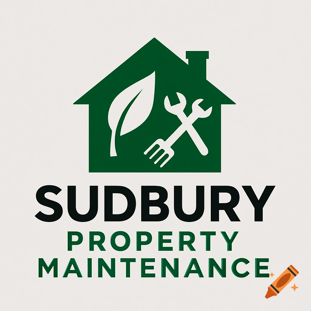 Logo for Sudbury Property Maintenance with a green house icon featuring a leaf and crossed wrench and garden fork.