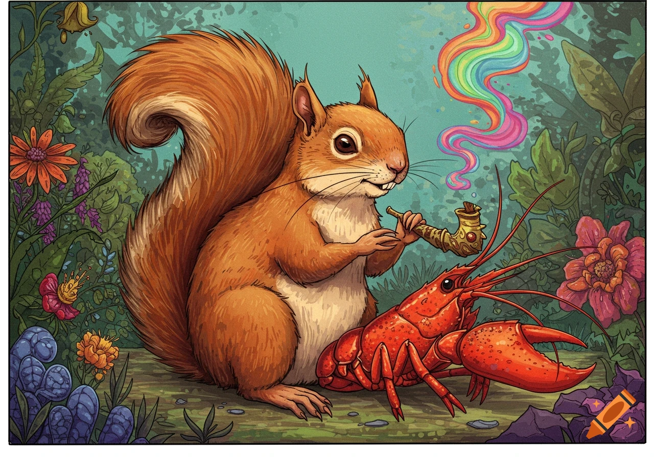 A squirrel smoking a pipe with a lobster in a colorful forest.