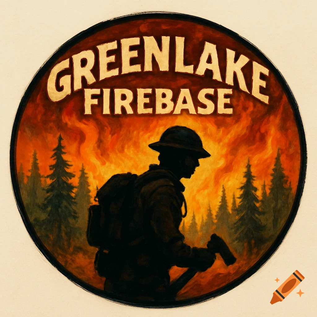 Circular logo for GREENLAKE FIREBASE with a silhouetted firefighter, trees, and fire in an illustration style