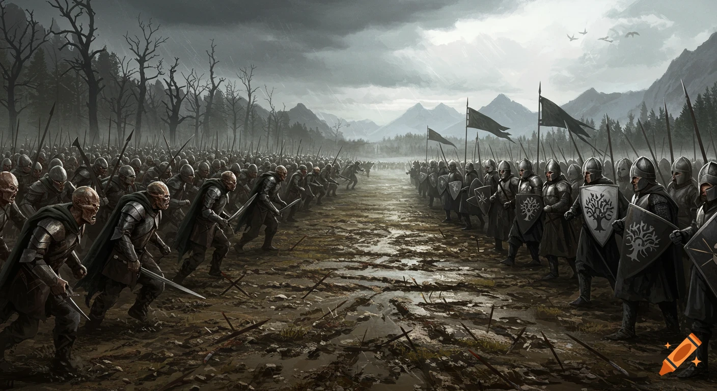 Two fantasy armies, one monstrous and one human, face off on a muddy battlefield under a stormy sky.