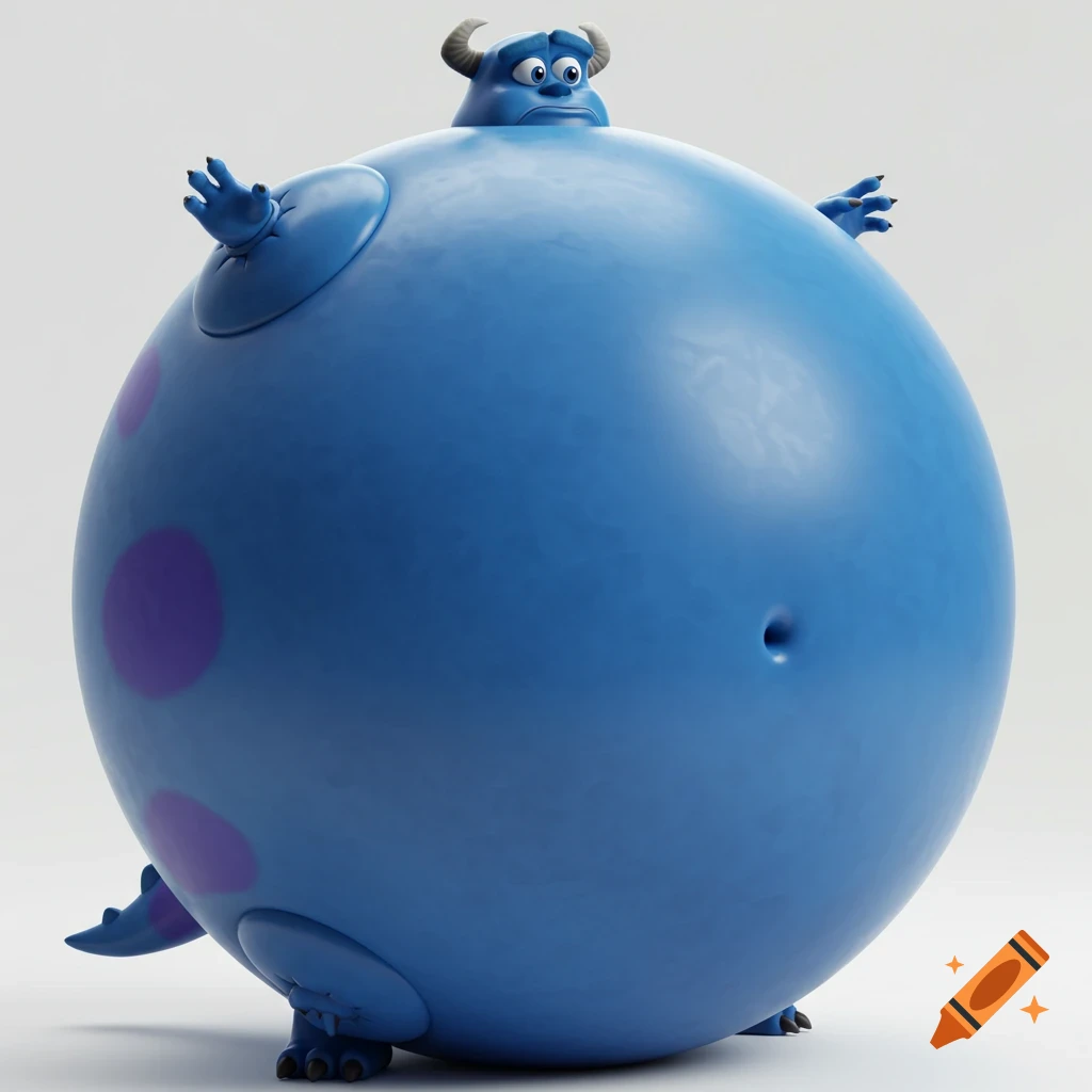 A 3D render of Sully from Monsters Inc. inflating into a giant blue ball with purple spots.