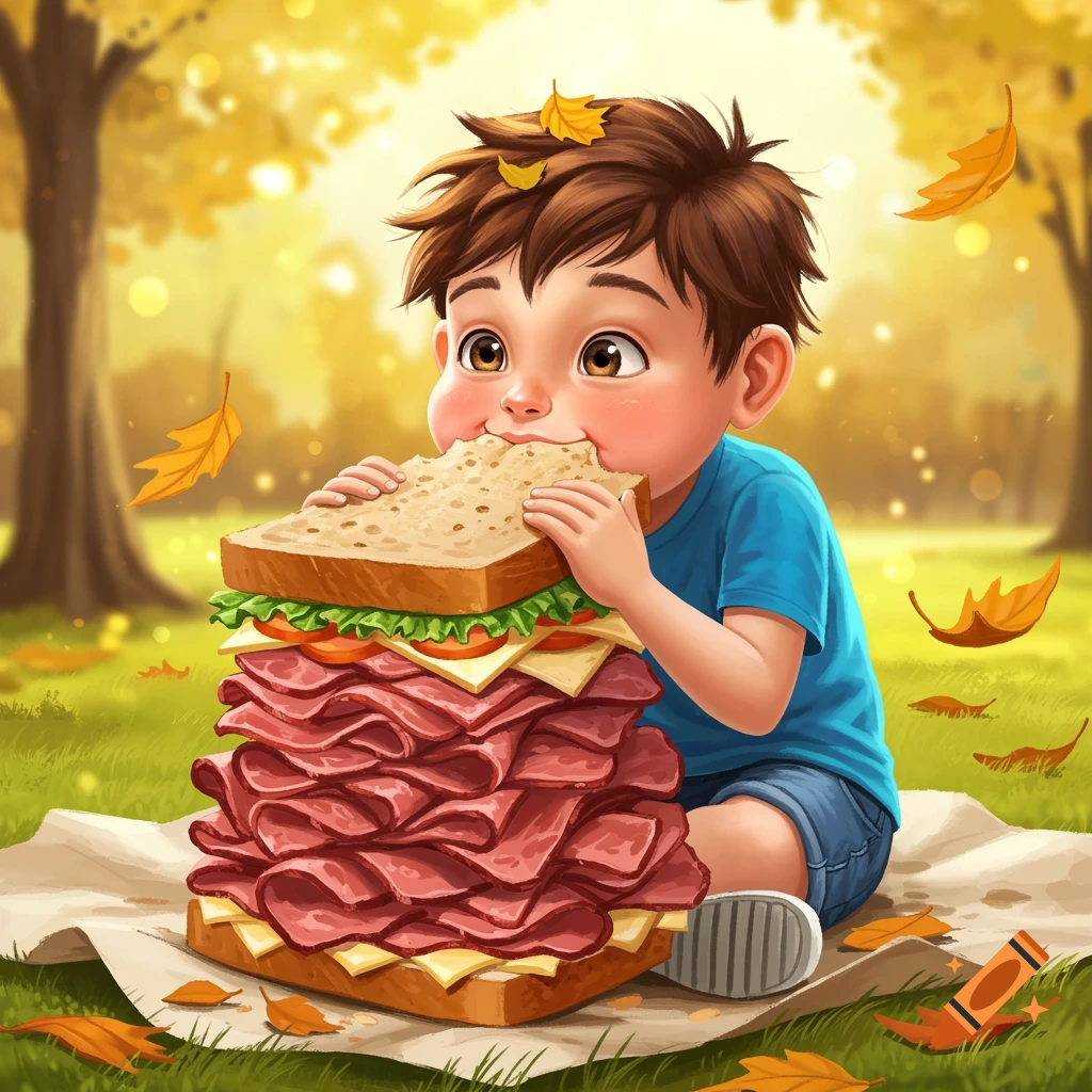 A cartoon boy happily eats a gigantic sandwich on a picnic blanket in an autumn park.