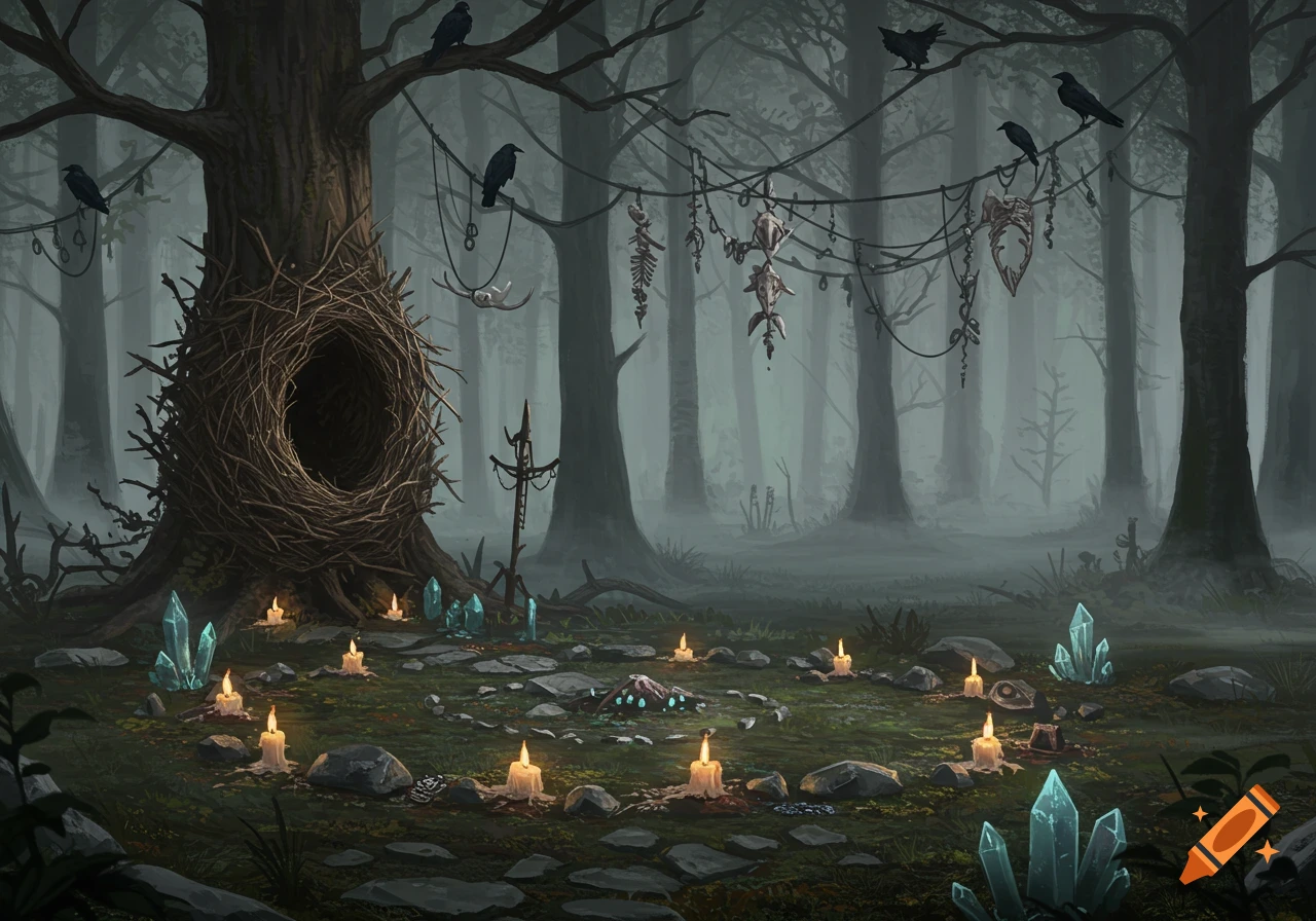 Dark forest clearing with a ritual circle of candles and crystals, a large nest, and crows.