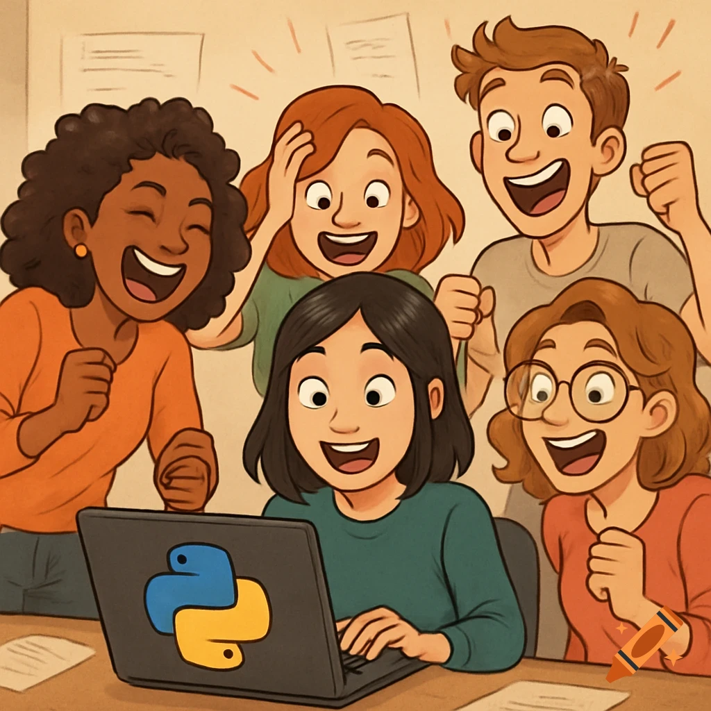 Cartoon illustration of a diverse team excitedly looking at a laptop screen with the Python logo.