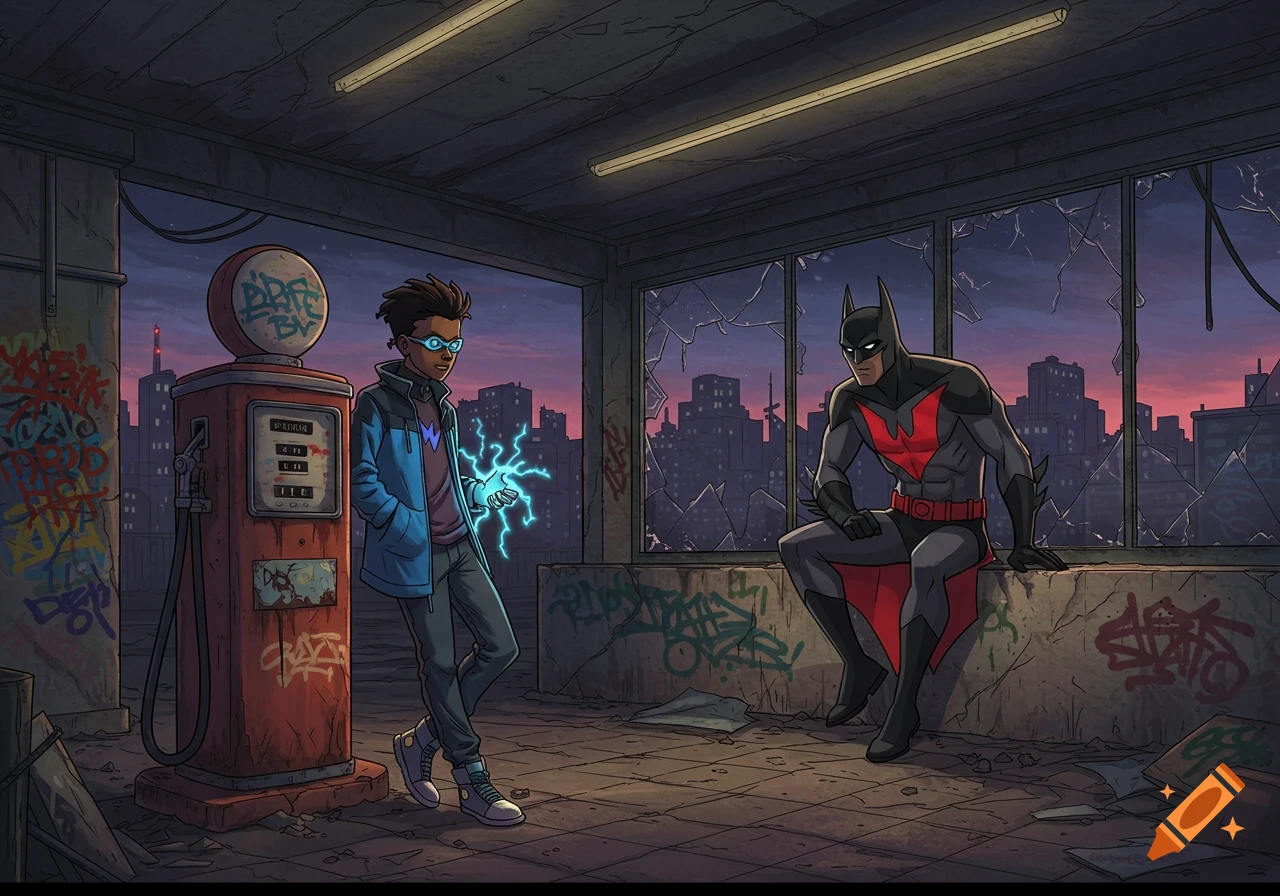 Static Shock and Batman Beyond in an abandoned gas station, comic book art