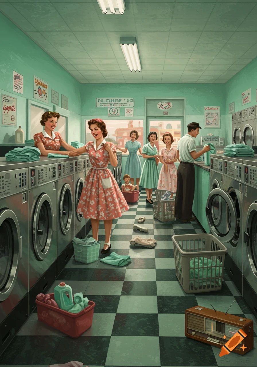 A retro-style illustration of people doing laundry in a 1950s laundromat.
