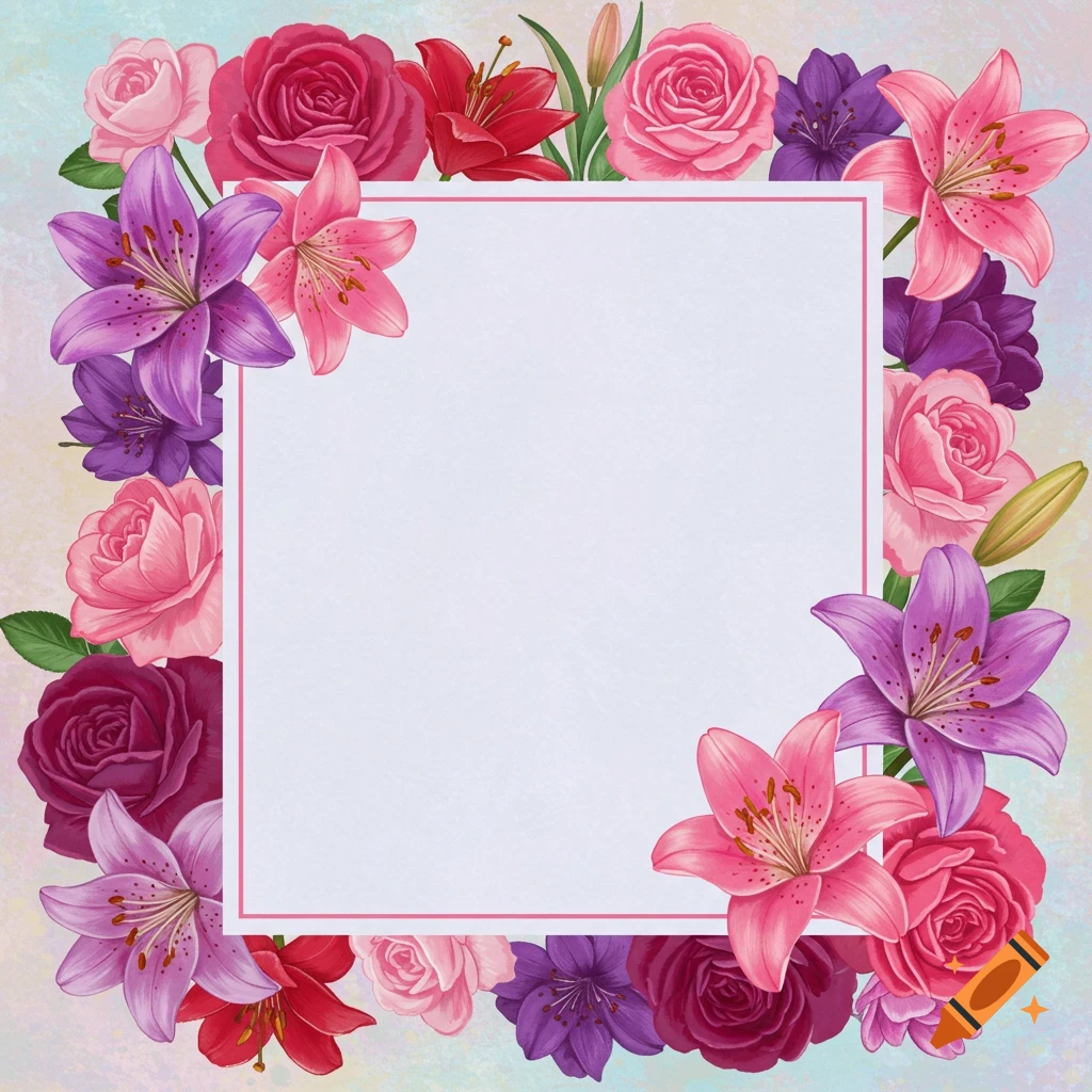 A square white frame with a pink border, surrounded by a vibrant floral border of roses, lilies, and other flowers.