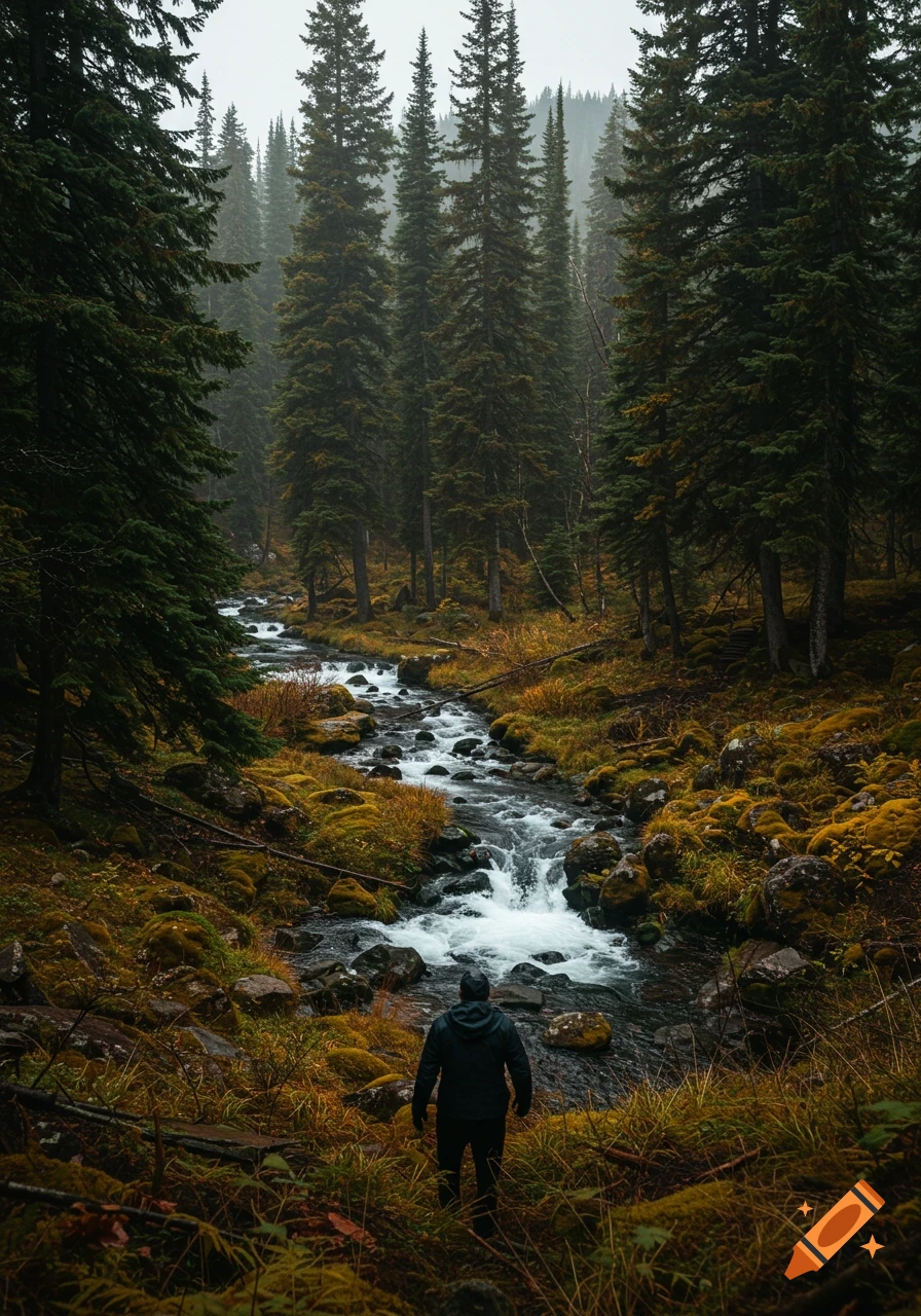 A person stands at the edge of a river flowing through a mossy forest.