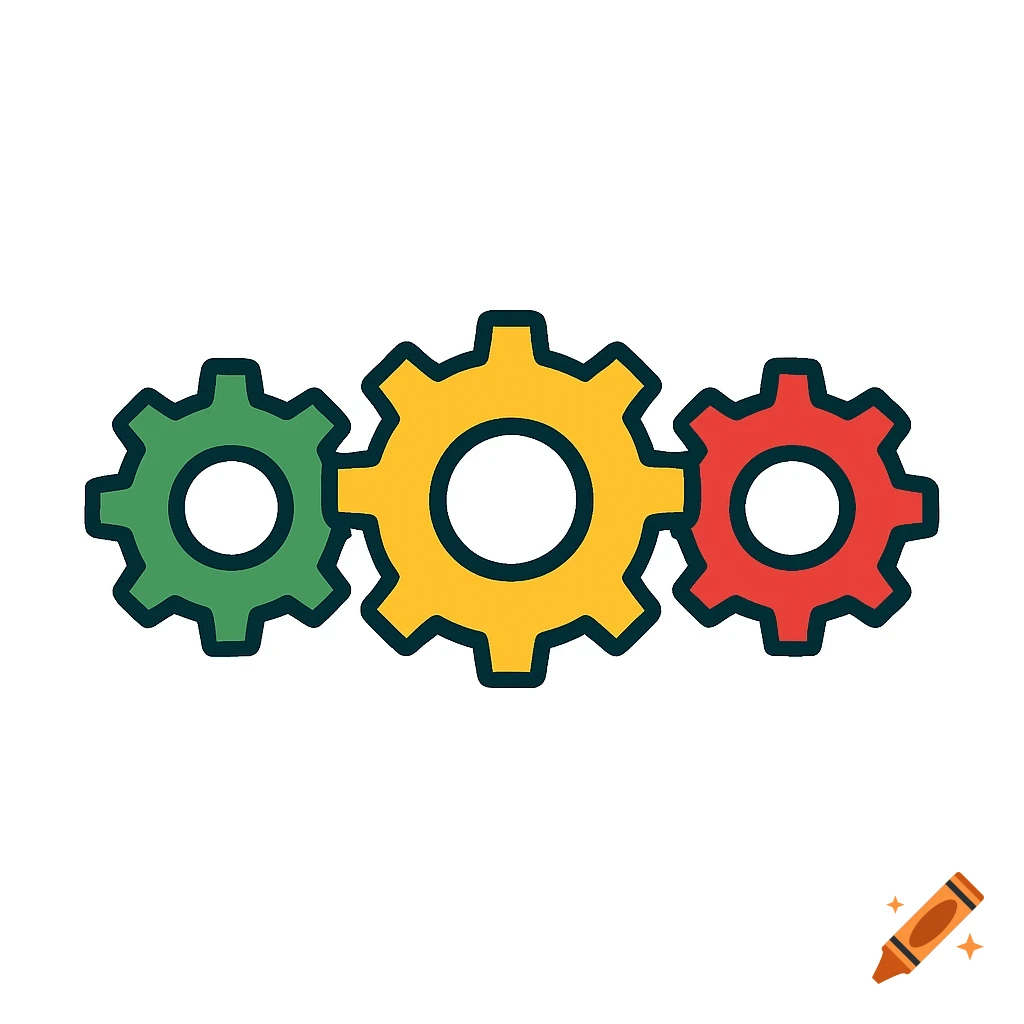 Three colored gears in a row: green, yellow, and red.