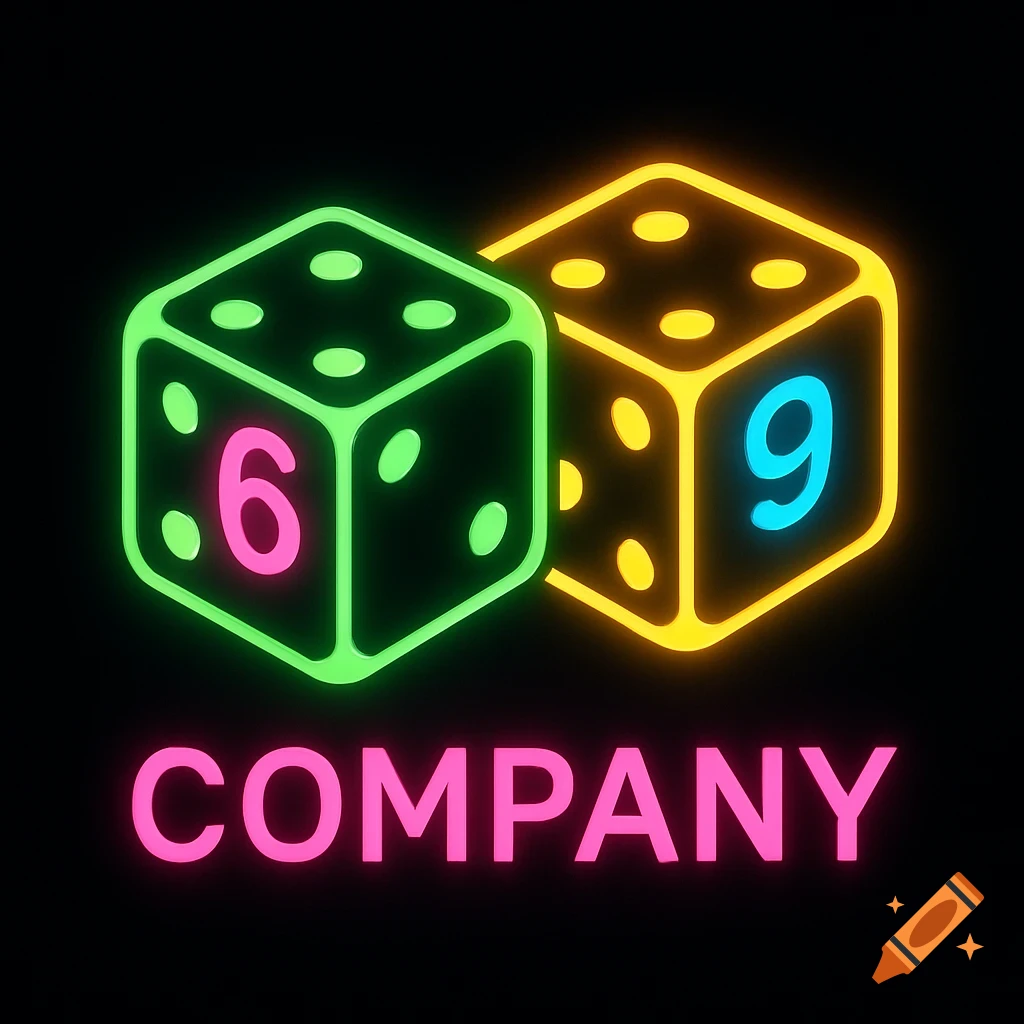 Neon logo with green and yellow dice showing 6 and 9 above pink text COMPANY