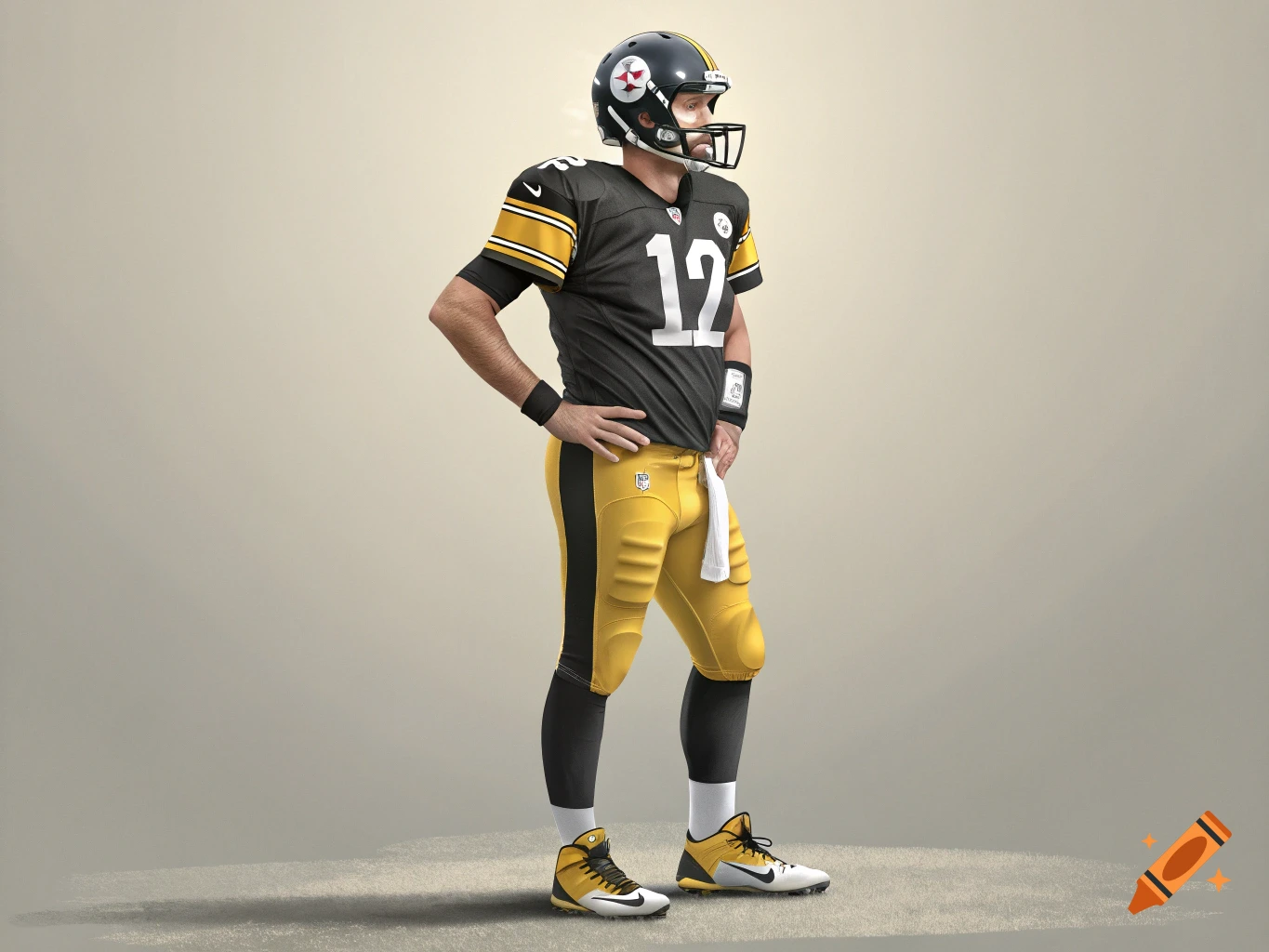 A football player in a black and yellow uniform with the number 12 stands with hands on hips.