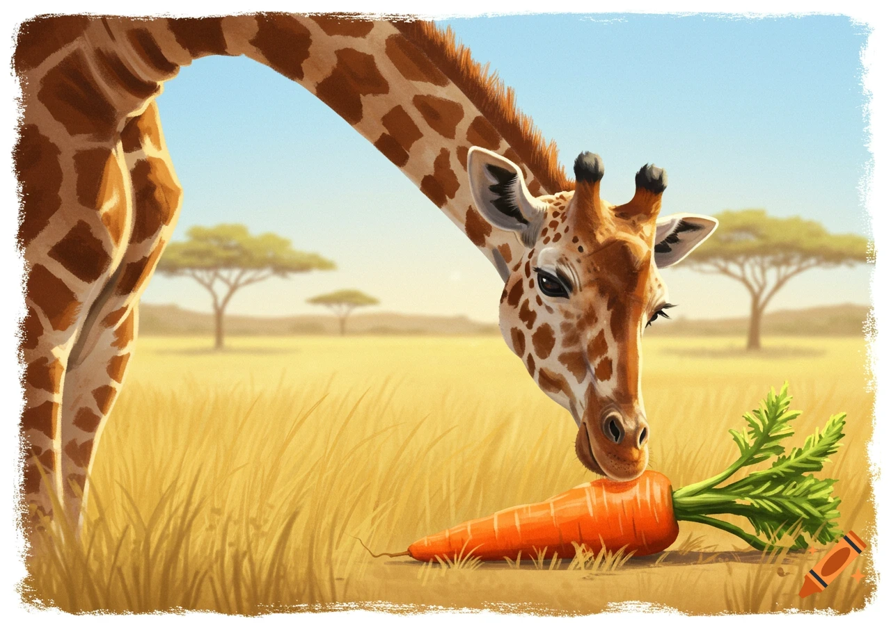 A giraffe leans down to eat a large carrot in a savanna landscape, illustrated style.