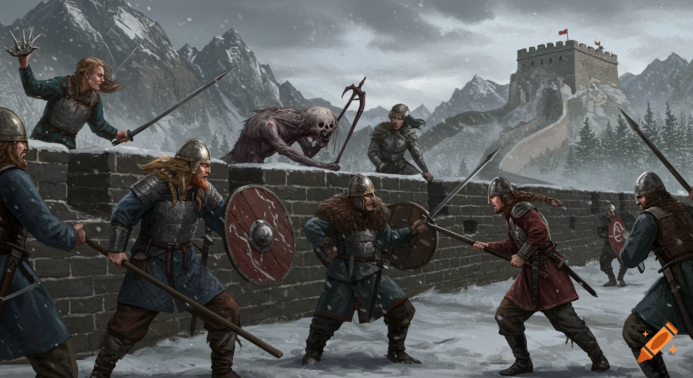 Fantasy battle on a wall with Viking warriors fighting a wendigo in winter, painted style.