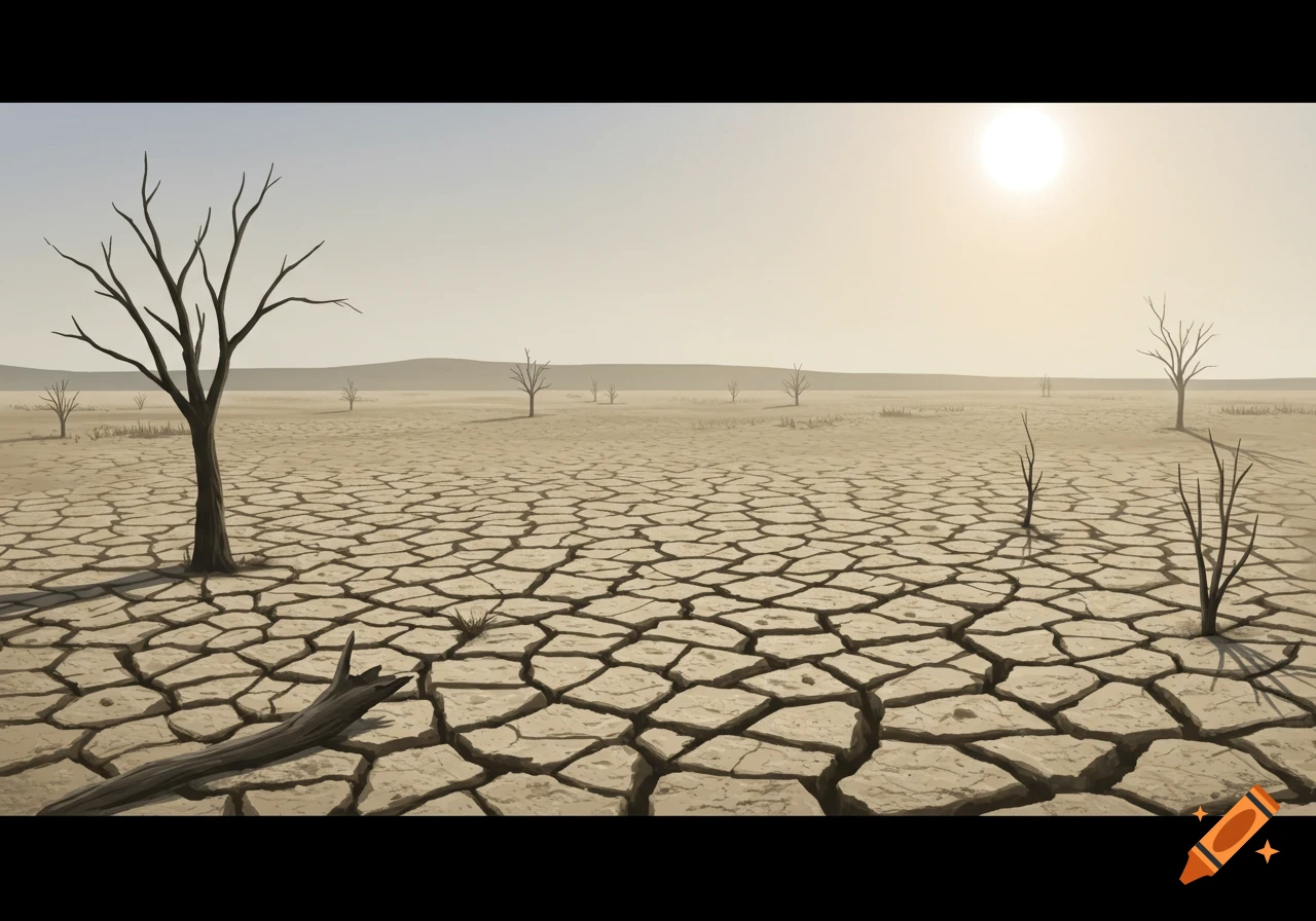 Dry, cracked desert landscape with dead trees under a hazy sun.