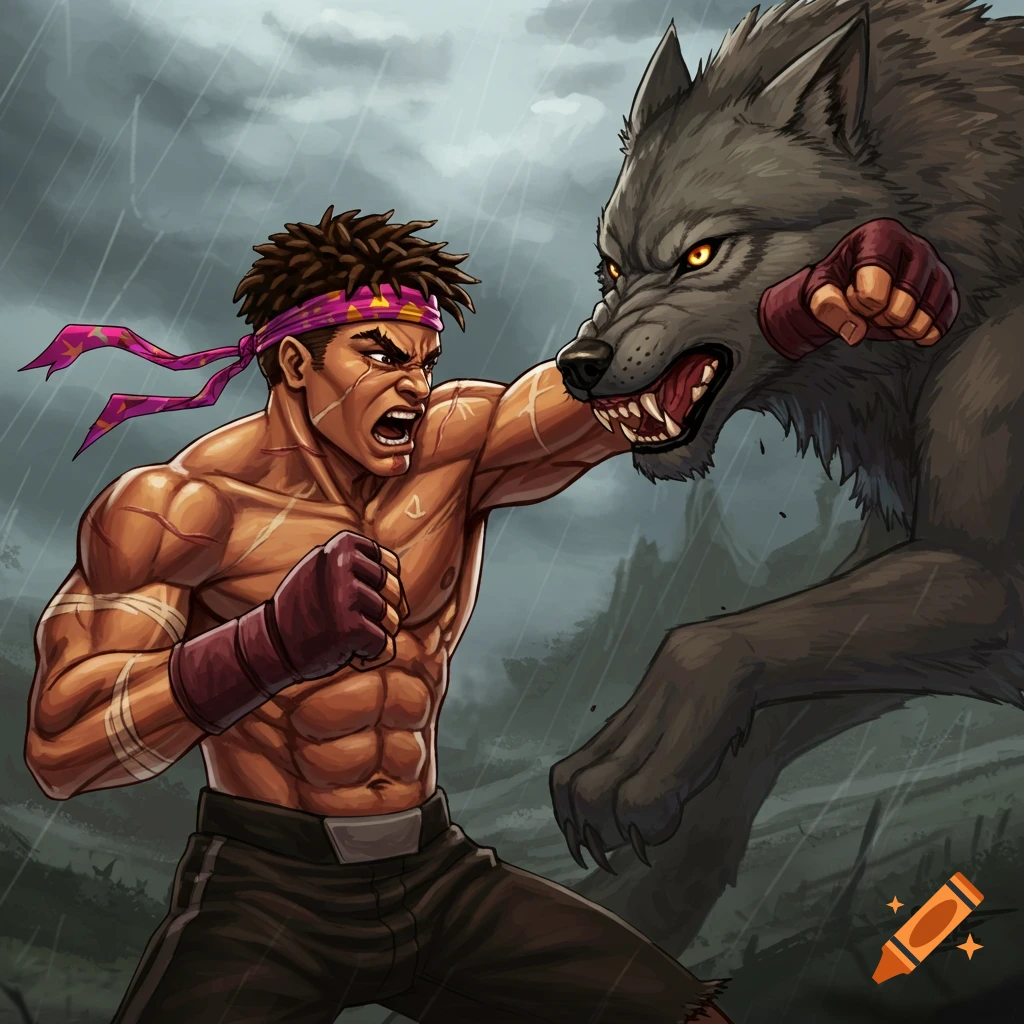 A muscular fighter battles a large wolf in a stormy, stylized illustration.
