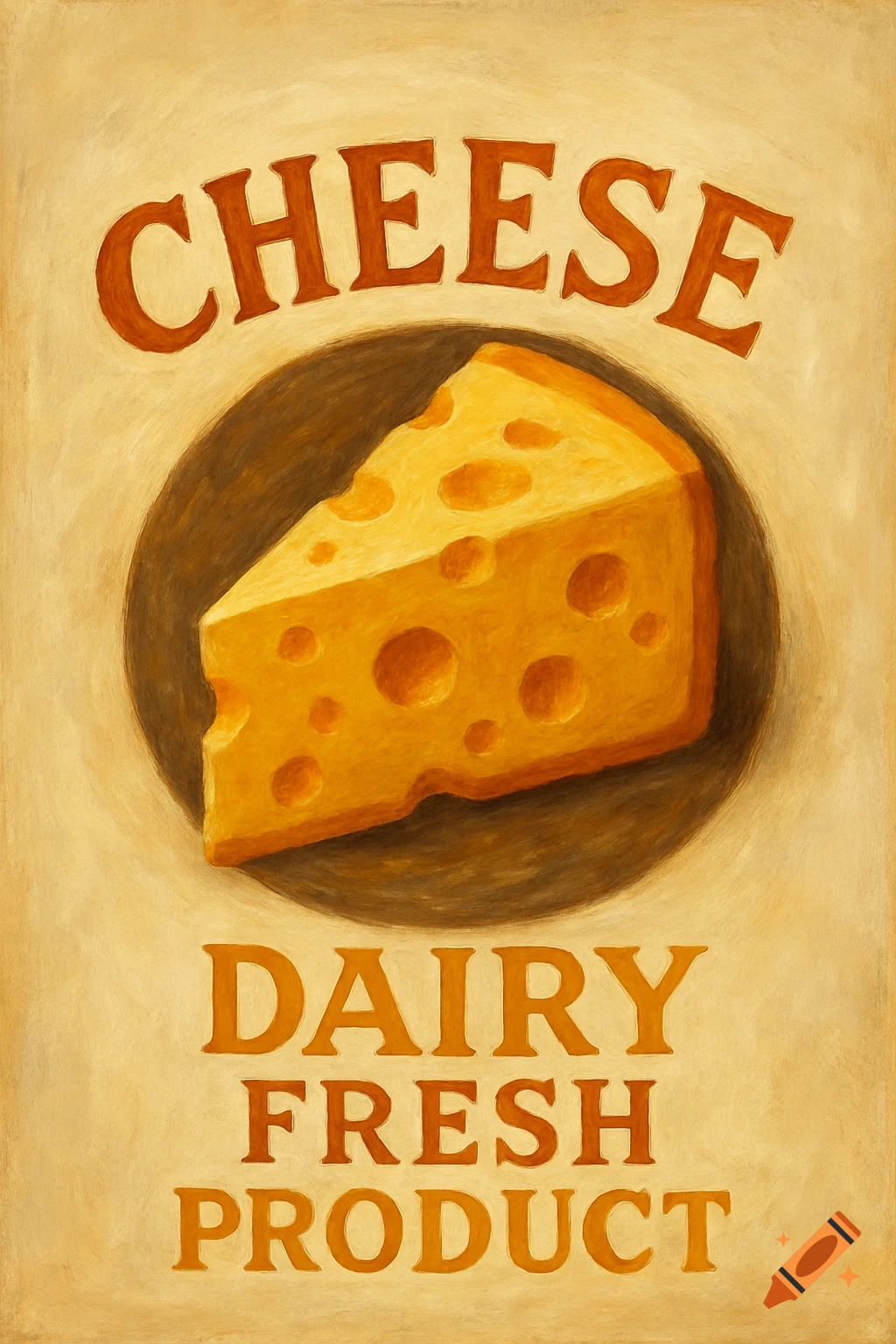 Vintage style illustration of a cheese poster with text 'CHEESE' and 'DAIRY FRESH PRODUCT' and a slice of cheese.