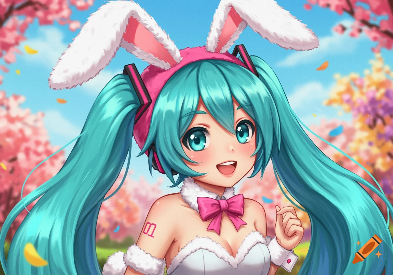 An anime girl dressed as a bunny in a cherry blossom field.