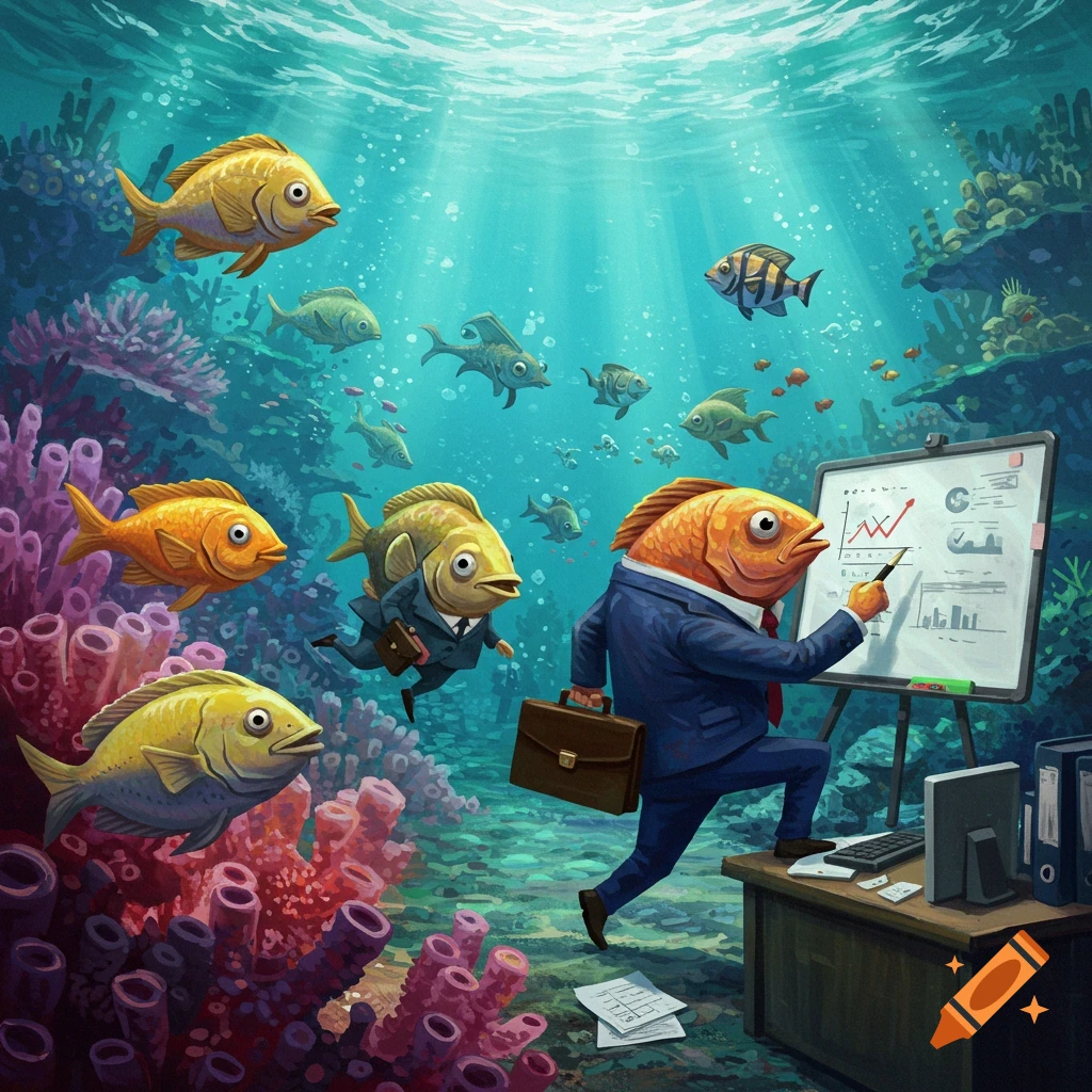 A fish in a suit gives a presentation on a whiteboard underwater while other fish in suits swim by.