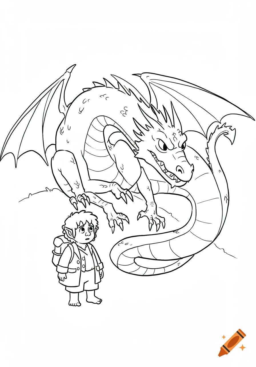 Black and white cartoon drawing of a hobbit standing near a large dragon for coloring.