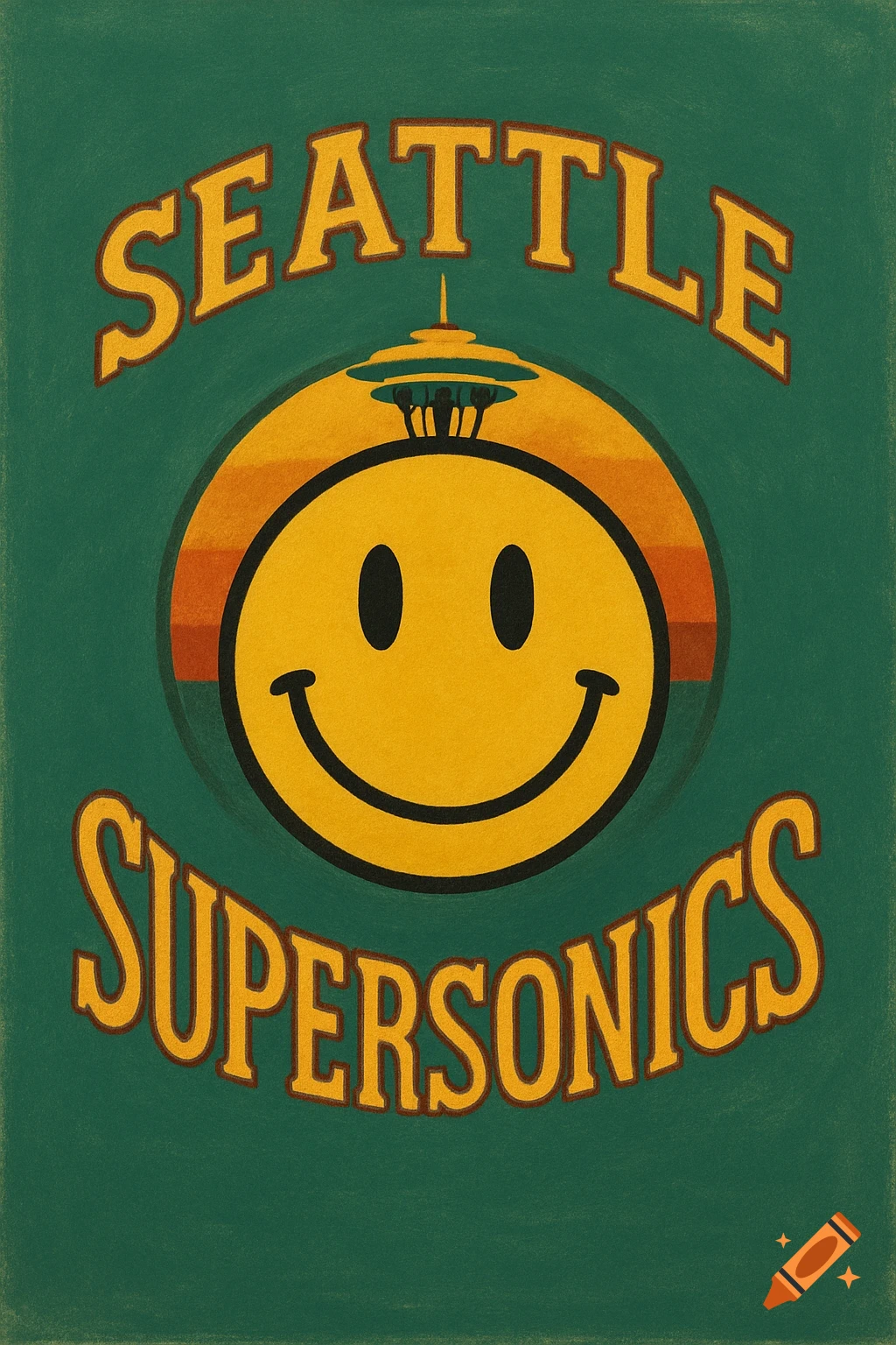 Retro style poster for Seattle Supersonics with a smiley face and Space Needle graphic.