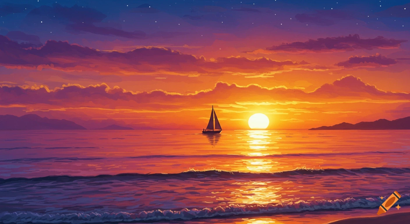 A sailboat sails on the ocean during a vibrant, colorful sunset, in a painterly style.