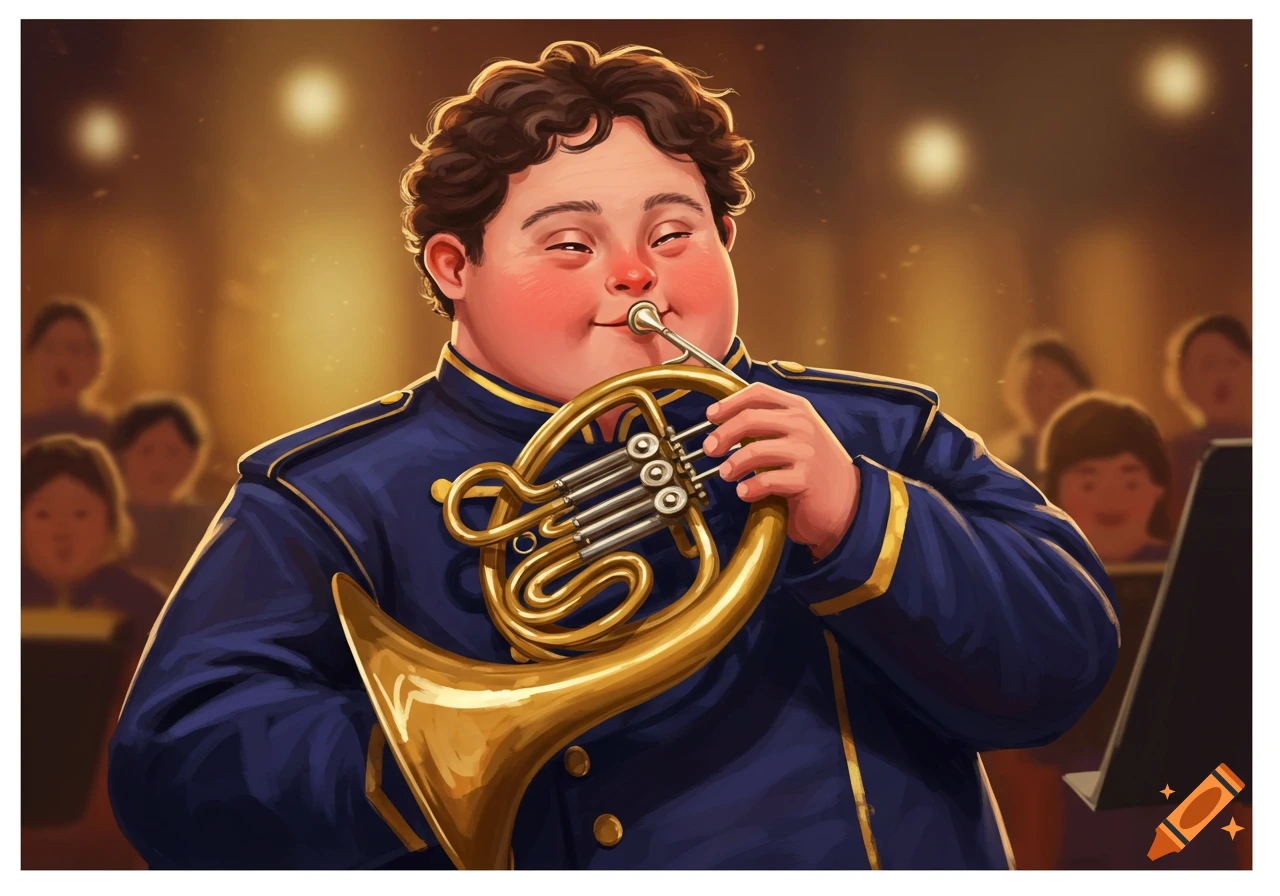 Illustration of a person playing a french horn in an orchestra.