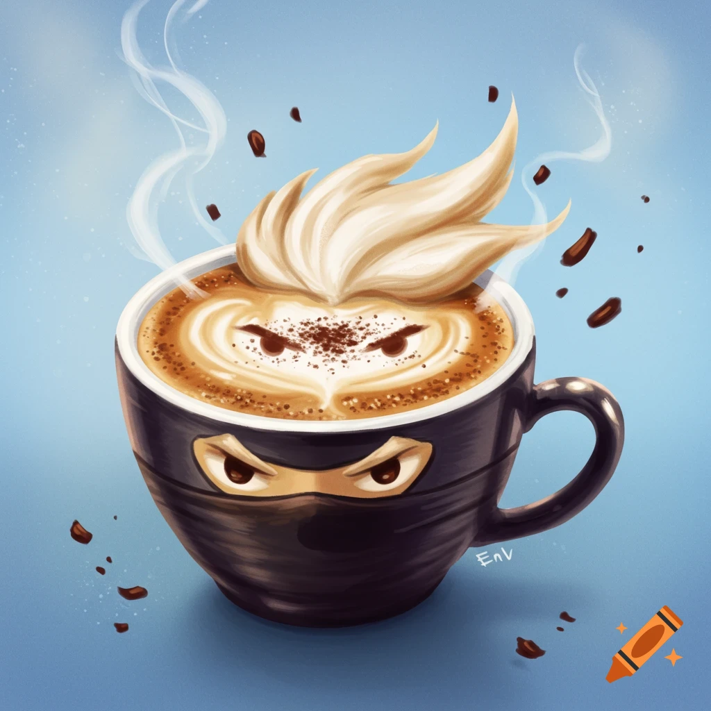 Illustration of a coffee cup styled as a ninja, with latte art hair and eyes on the cup.