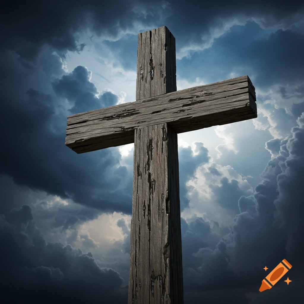 A rugged wooden cross stands silhouetted against a dramatic, stormy sky.
