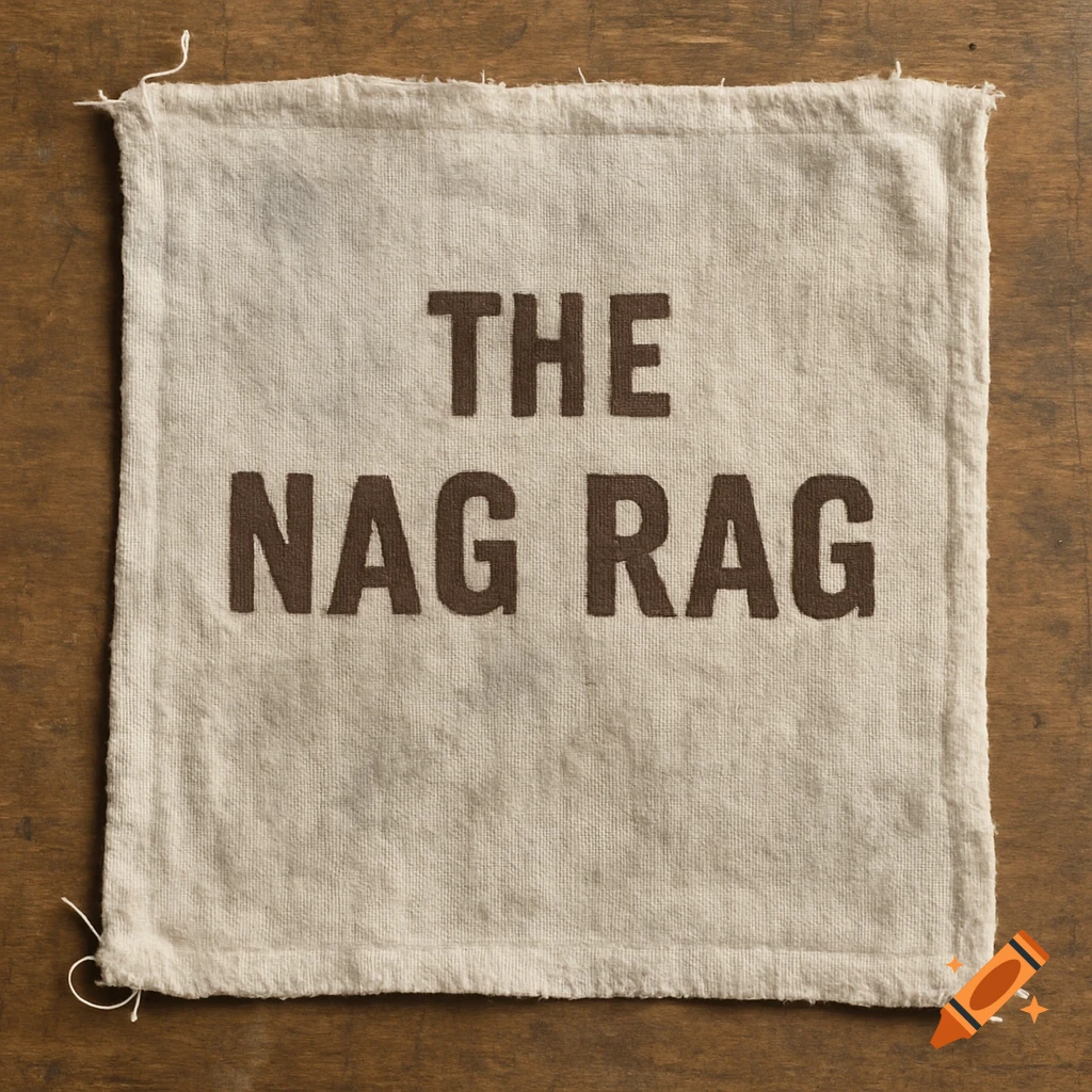 Off-white cloth with 'THE NAG RAG' printed in brown letters on a wooden surface.