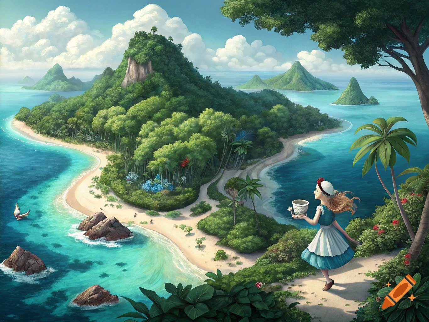 A girl in an Alice in Wonderland dress walks on a path overlooking a tropical island and turquoise ocean.