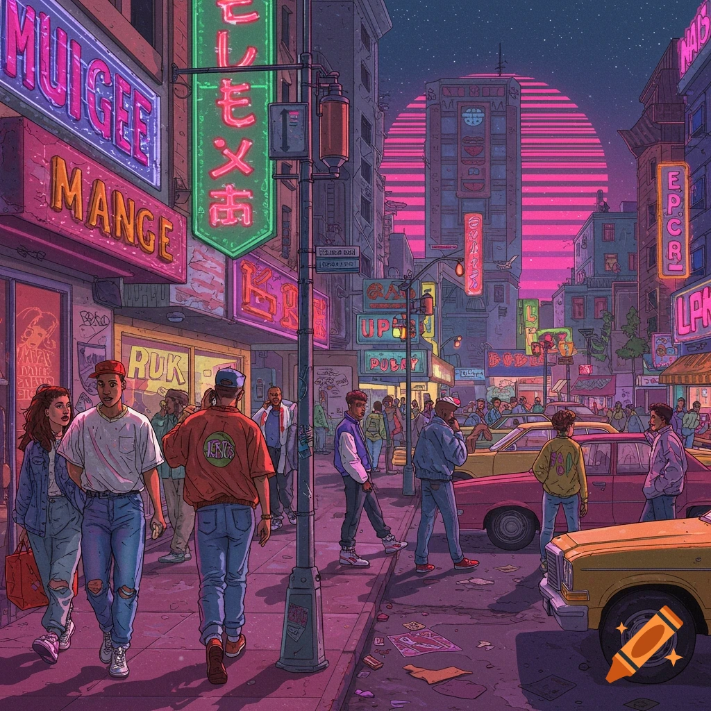 A vibrant street scene at night with people walking, neon signs, cars, and a large pink and yellow striped sun in the background, in a retro, futuristic style.