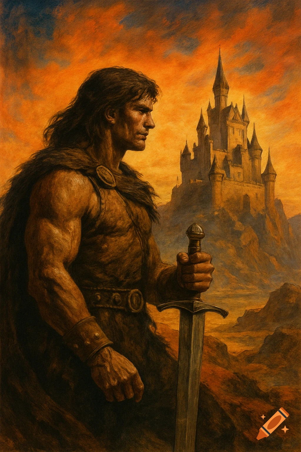 Fantasy illustration of a barbarian holding a sword before a castle under an orange sky.