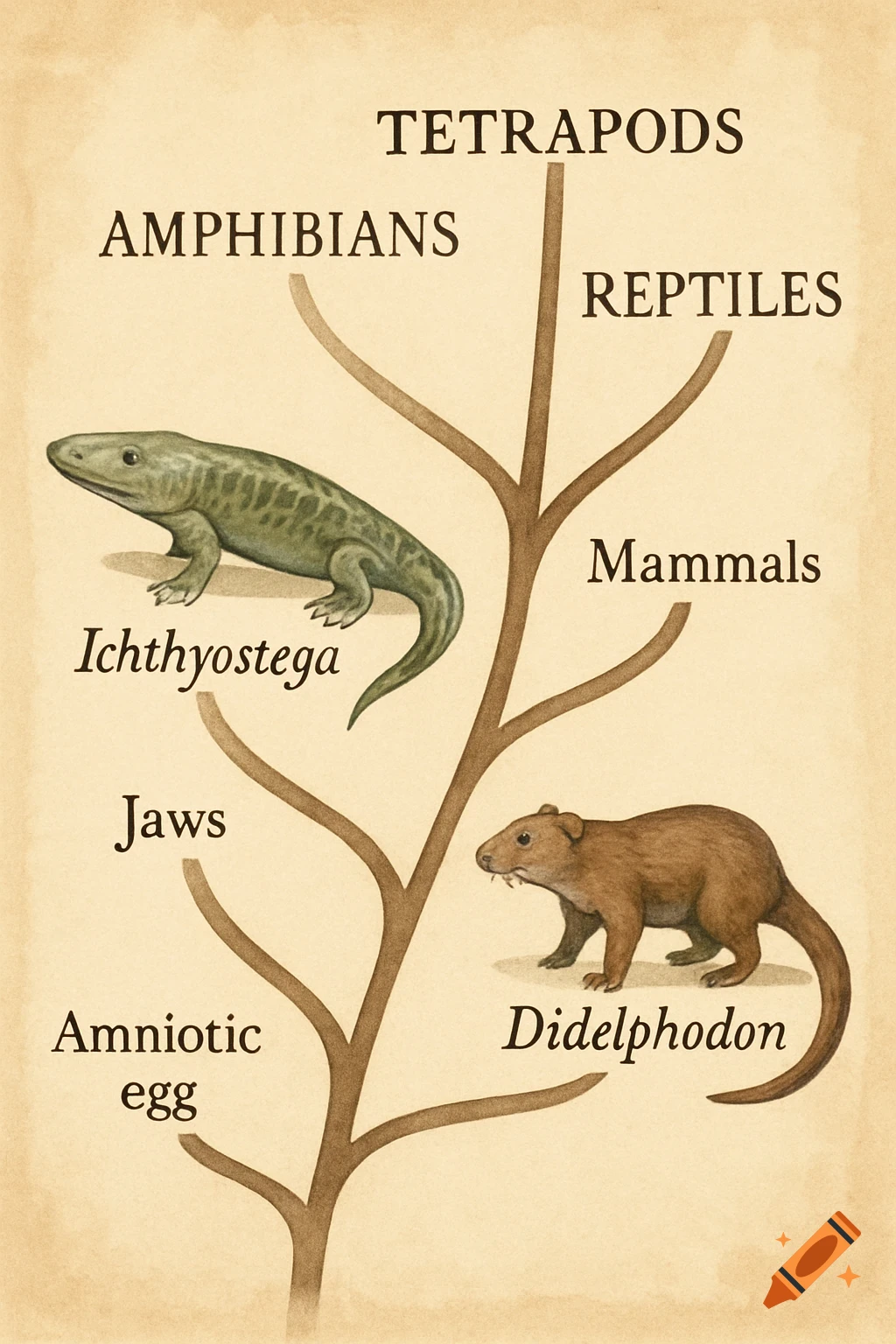 Phylogenetic tree illustration showing Ichthyostega and Didelphodon with labels for major groups and evolutionary novelties.