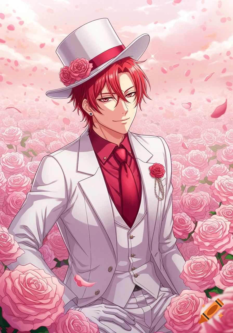 An anime man in a white suit and top hat stands in a field of pink roses.