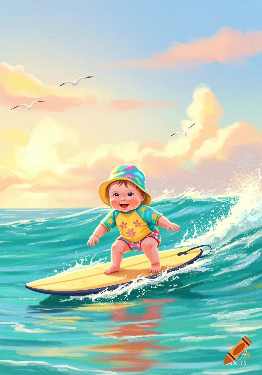 An illustration of a smiling baby surfing on a yellow board in the ocean.