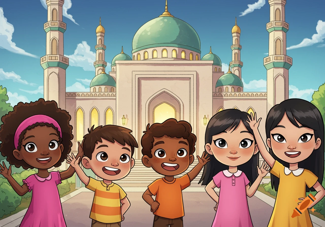 Cartoon kids of diverse backgrounds smiling and waving in front of a mosque.