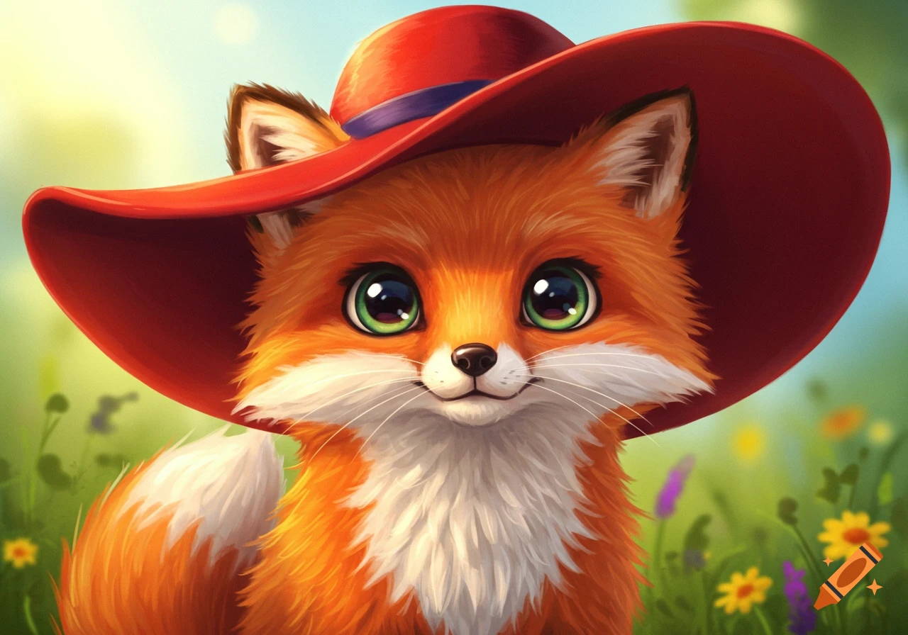 A cute cartoon fox wearing a red hat in a field of colorful flowers.