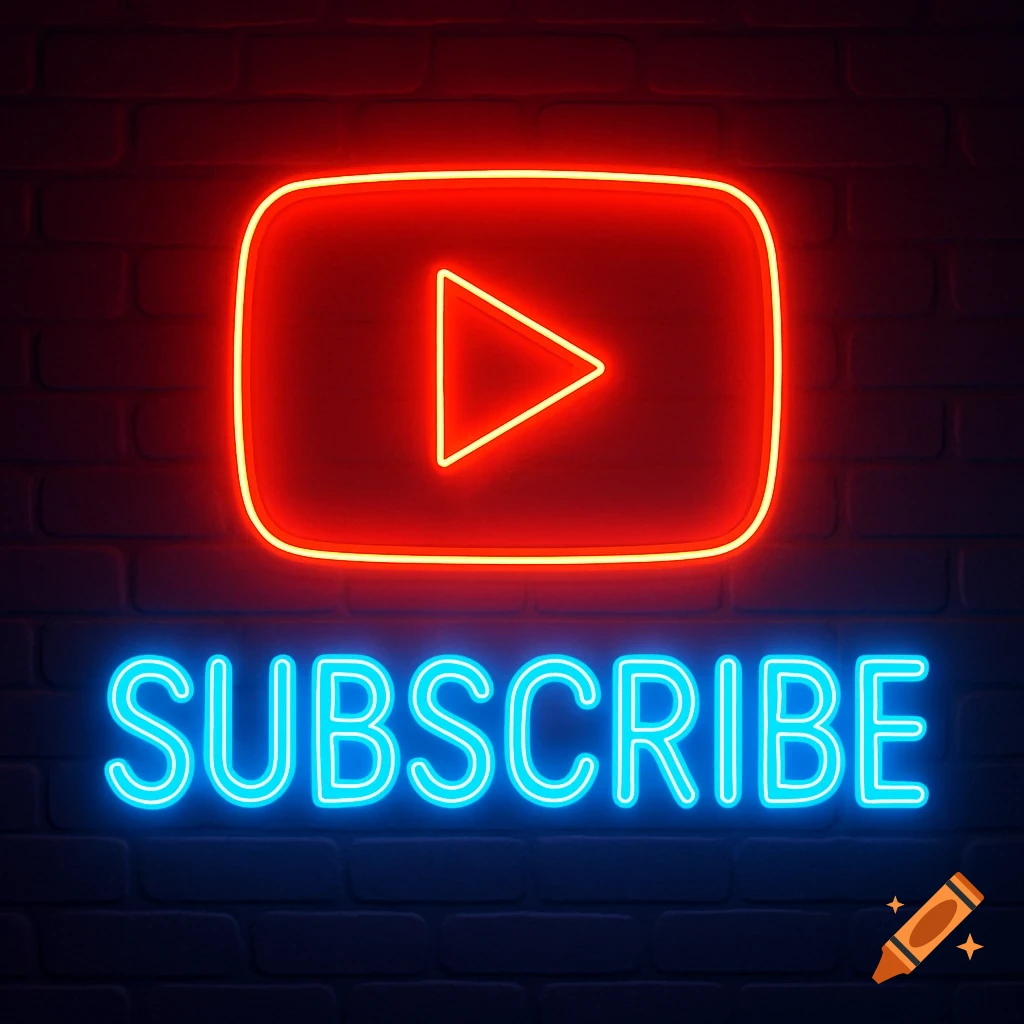 Red YouTube logo and blue 'SUBSCRIBE' neon sign on a brick wall.