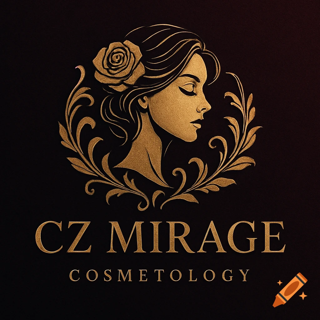 Gold and black cosmetology logo with a woman's profile and CZ MIRAGE COSMETOLOGY text.