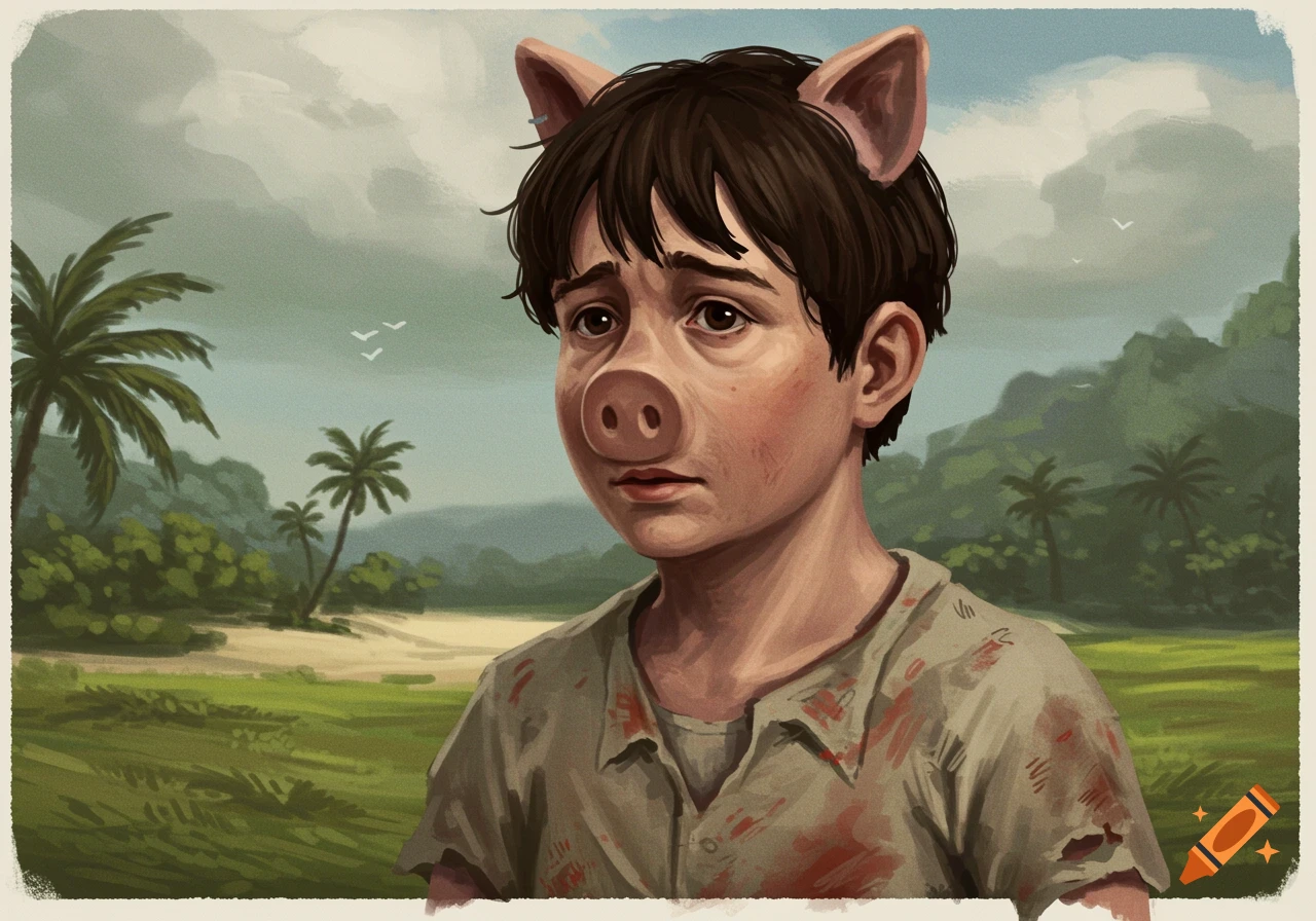Digital painting of a sad boy with pig ears and snout, standing in a tropical setting with bloodstains on his shirt.