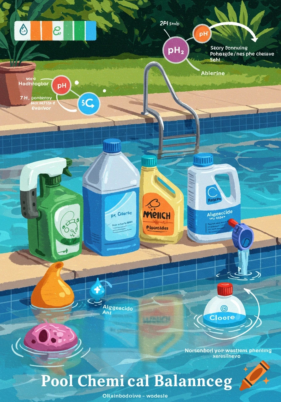 Illustration showing pool chemicals, testing indicators like pH, and bottles next to a swimming pool.