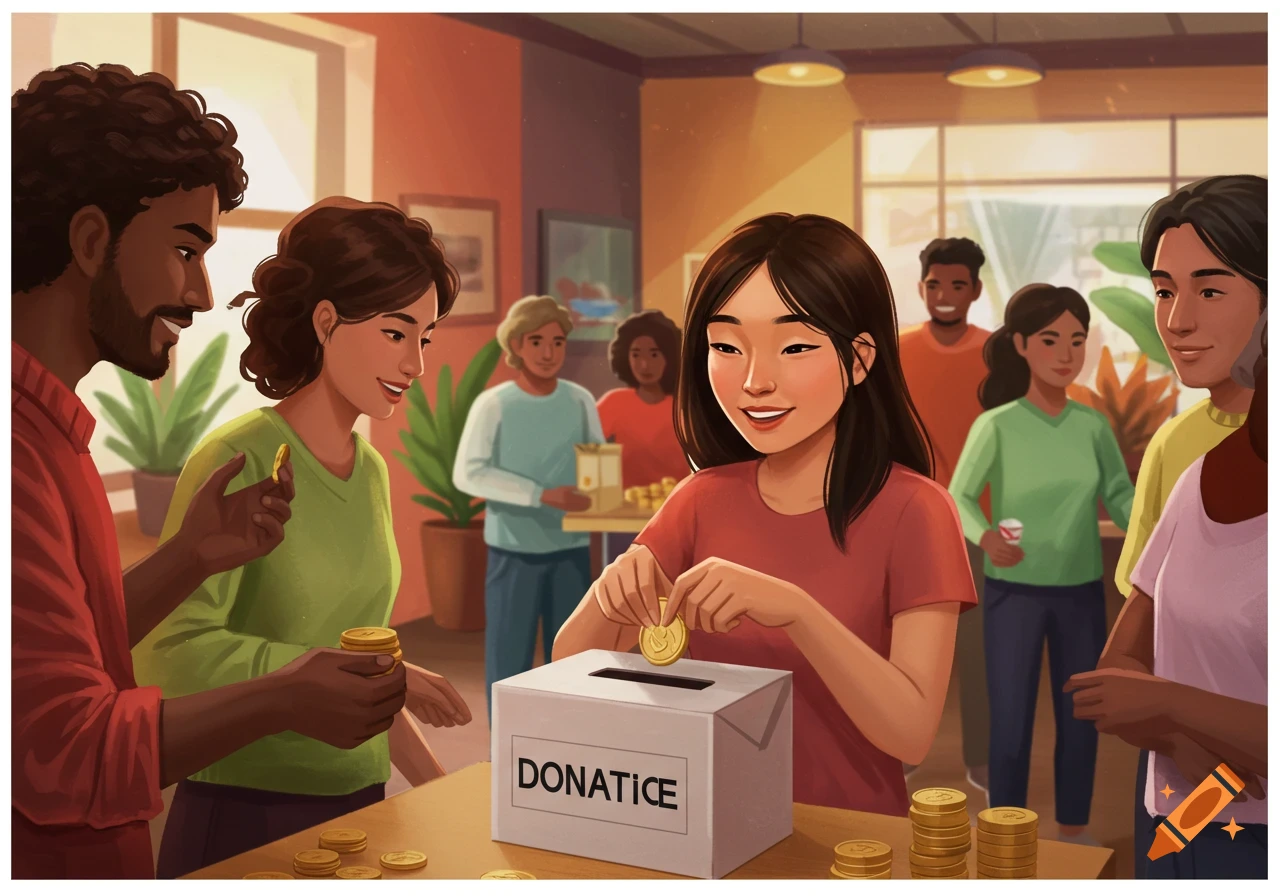 Illustration of diverse people donating coins to a donation box.